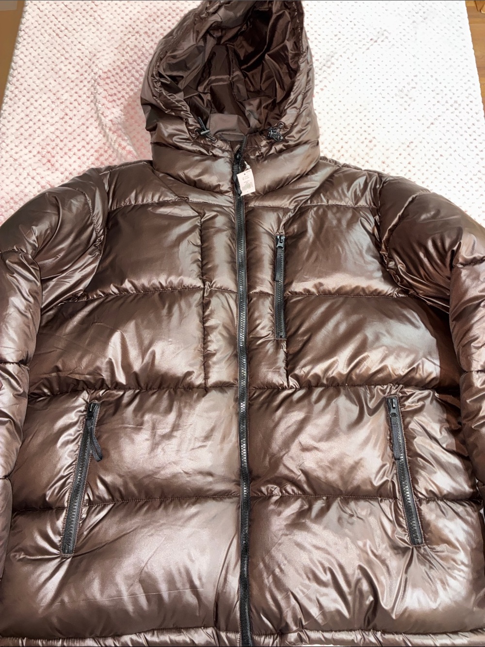 GAP NWT Men's Shiny Dark Brown Hooded Puffer Jacket size Large